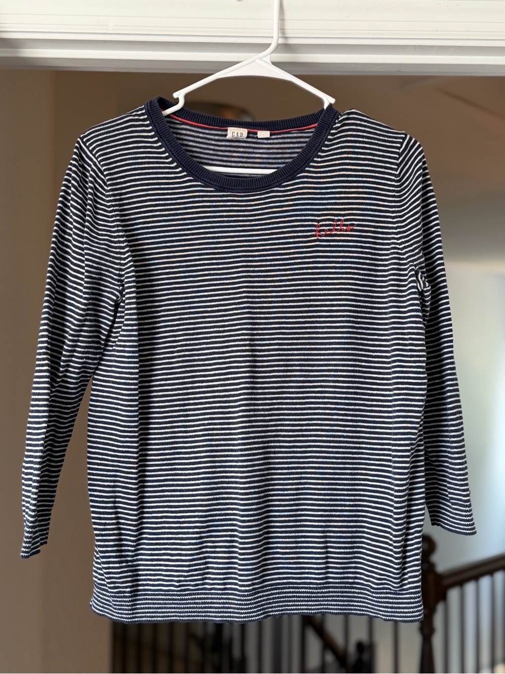 Gap Navy Striped Hello Embroidered Cotton Sweater Medium